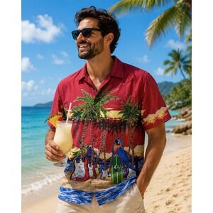 Chiliwear Tropical Parrots & Palm Trees Button Up Shirt Hawaiian Casual M